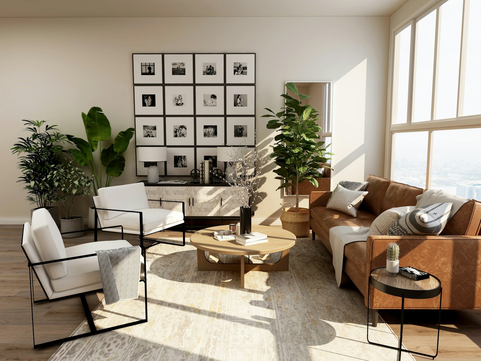 Sala luminosa con materiales naturales